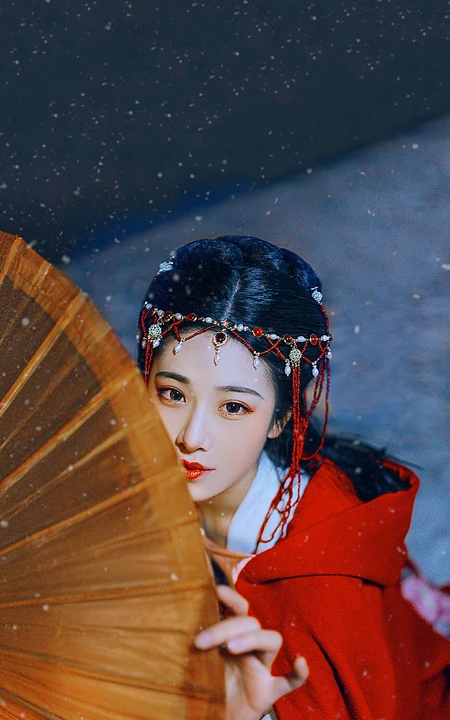 雪中撑伞的红披风古风美女手机壁纸