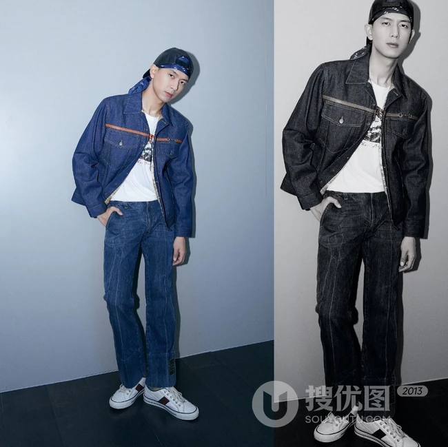 绑着头巾，穿着牛仔衣裤套装的帅哥明星潮男李现图片