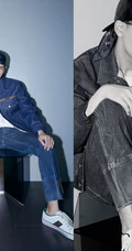 绑着头巾，穿着牛仔衣裤套装的帅哥明星潮男李现图片