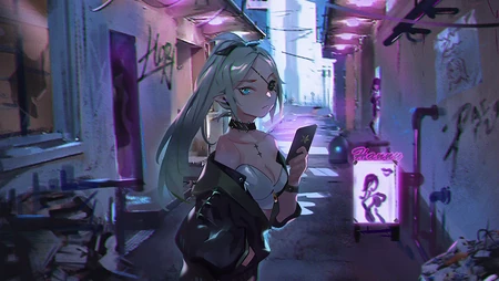 街道上拿手机的独眼动漫少女插画壁纸图片
