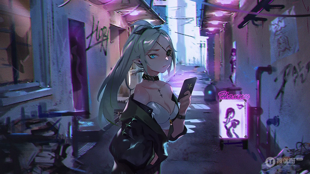 街道上拿手机的独眼动漫少女插画壁纸图片
