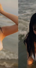 气质匀称精选混血女生君君唯美小碎花裙沙滩逐浪气质写真图集