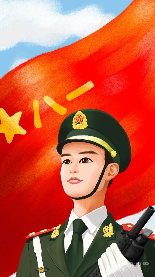 一组卡通手绘人物八一建军节风格的手机壁纸