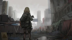 未来战争下的城市街景，和持枪的战斗女生动漫手绘桌面壁纸