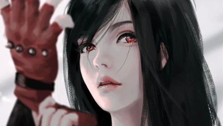 红色瞳孔戴红色露指手套的长发动漫女孩桌面壁纸