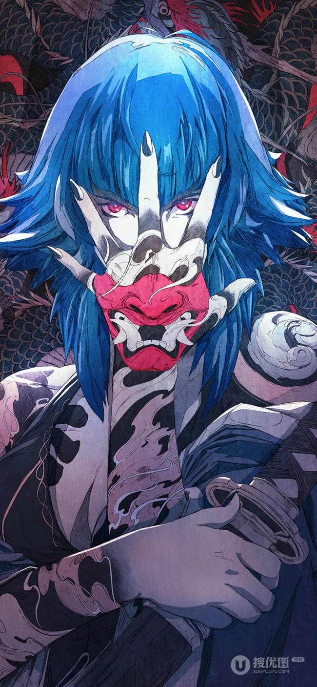 全身纹身手拿武士刀的蓝发日本武士个性手机壁纸