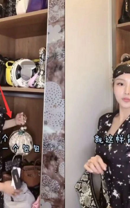 周扬青视频晒自家衣帽间，穿睡衣的她，开心介绍自己的衣服和包包