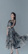 景甜黑色优雅透明印花轻纱长裙甜美写真