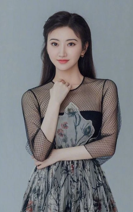 景甜黑色优雅透明印花轻纱长裙甜美写真