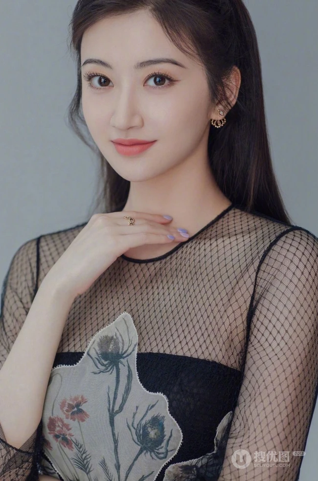 景甜黑色优雅透明印花轻纱长裙甜美写真