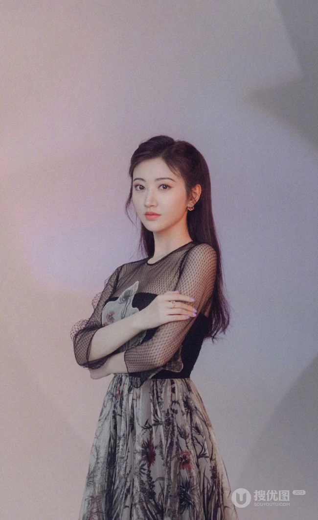 景甜黑色优雅透明印花轻纱长裙甜美写真