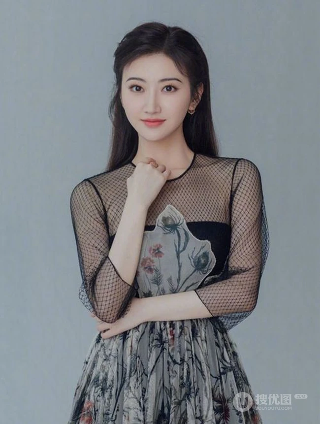 景甜黑色优雅透明印花轻纱长裙甜美写真