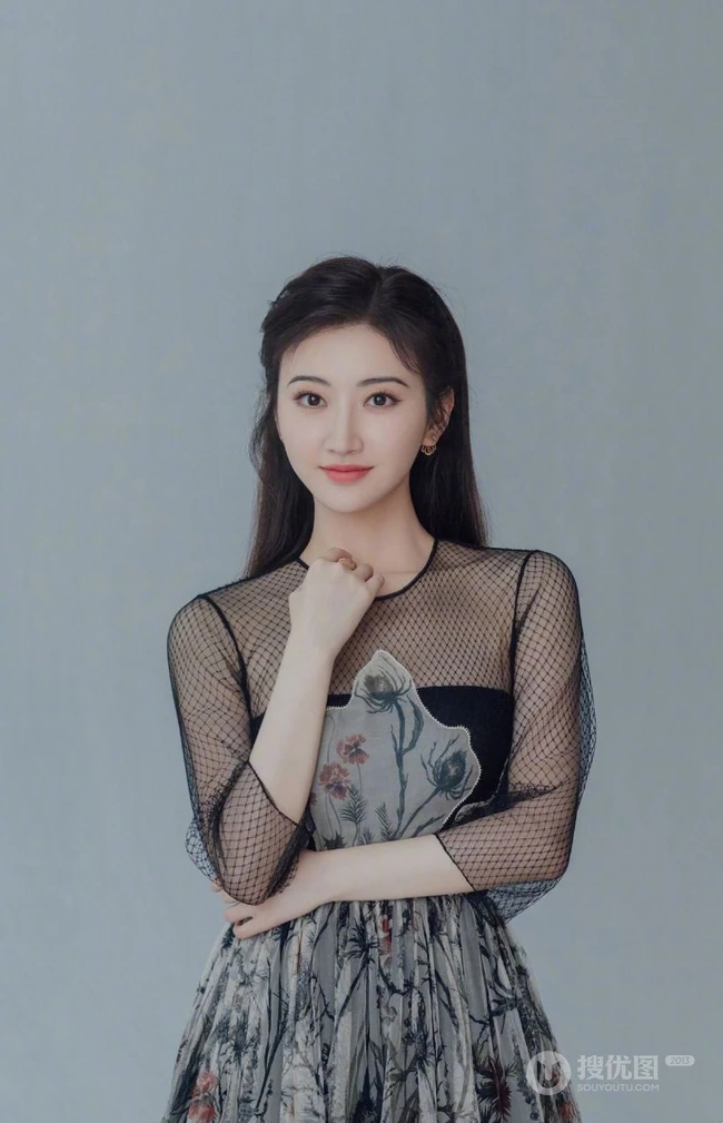 景甜黑色优雅透明印花轻纱长裙甜美写真