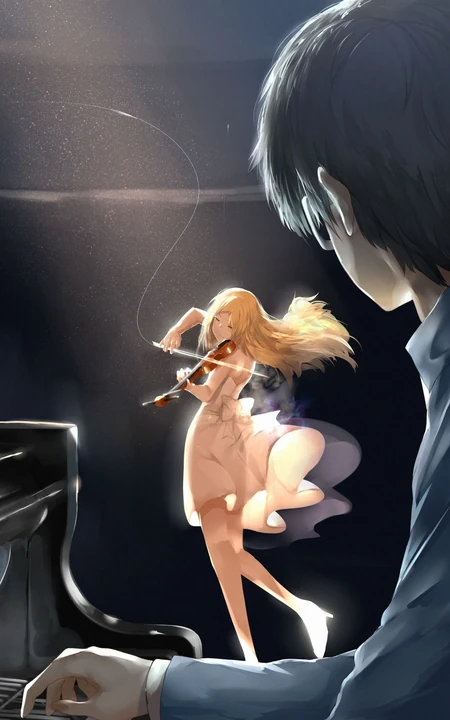 舞台上，弹钢琴的动漫男孩，和拉小提琴的美丽连衣裙动漫女孩