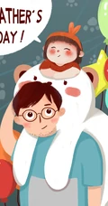 孩子坐在爸爸肩头和爸爸互动的父亲节插画配图