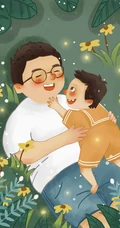 孩子坐在爸爸肩头和爸爸互动的父亲节插画配图