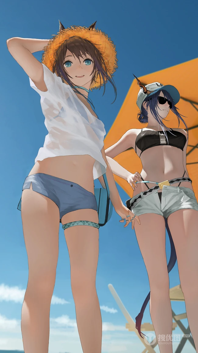 沙滩上穿着性感比基尼的动漫女生夏日手机壁纸