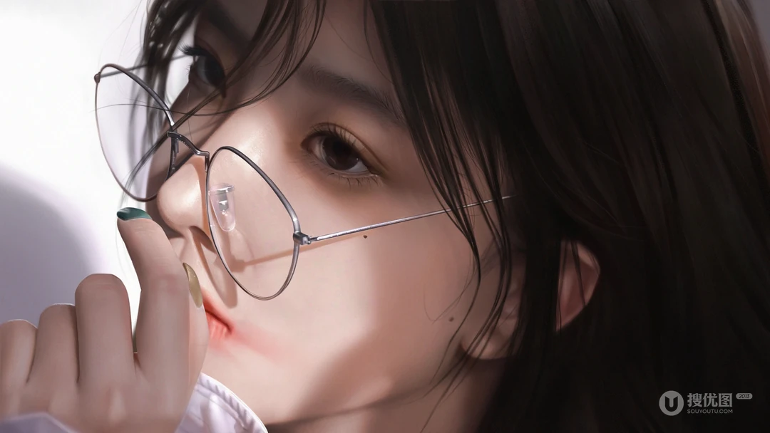 很逼真的戴眼镜的美女肖像插画桌面壁纸