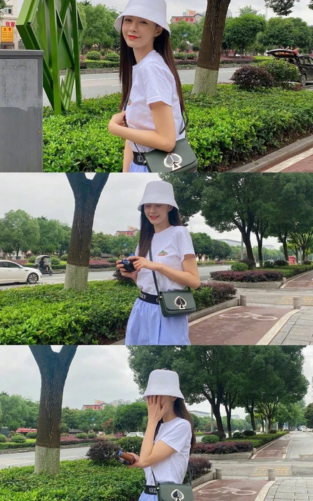 沈梦辰微博晒甜美街拍照，白帽，白T，五分裤，手拿相机，青春靓丽