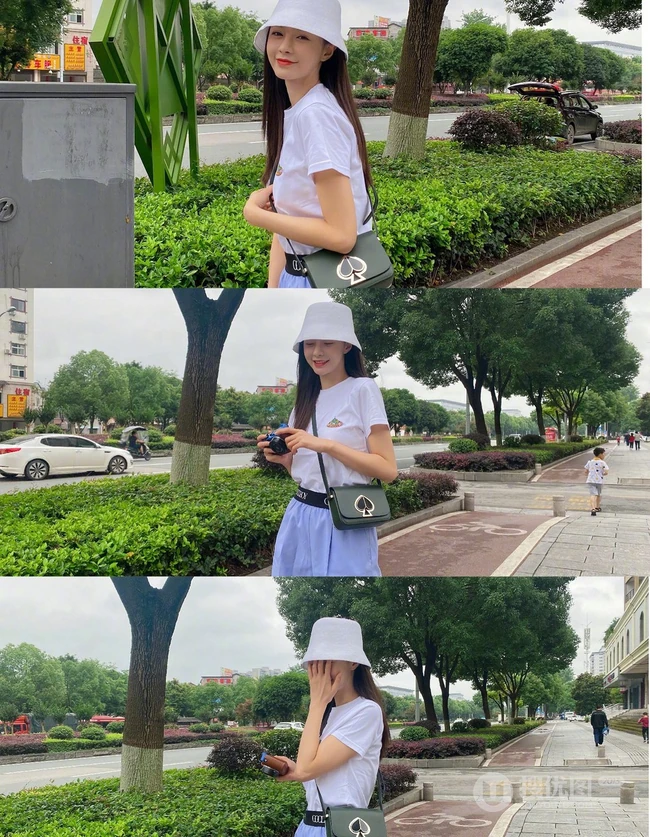沈梦辰微博晒甜美街拍照，白帽，白T，五分裤，手拿相机，青春靓丽