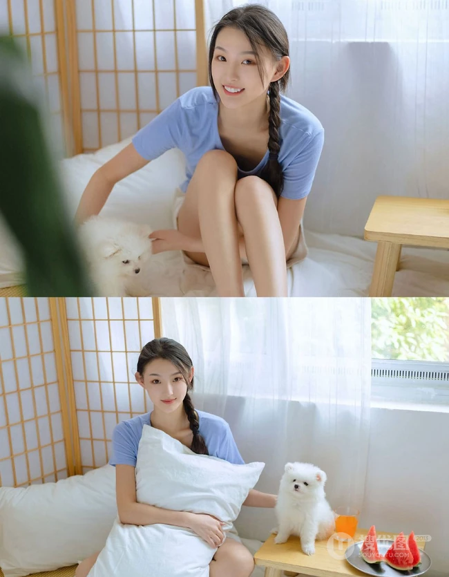 甜甜的麻花辫女孩和她的茶杯犬温馨唯美居家写真图片