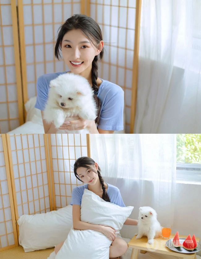 甜甜的麻花辫女孩和她的茶杯犬温馨唯美居家写真图片