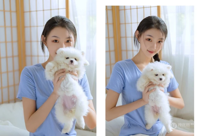 甜甜的麻花辫女孩和她的茶杯犬温馨唯美居家写真图片
