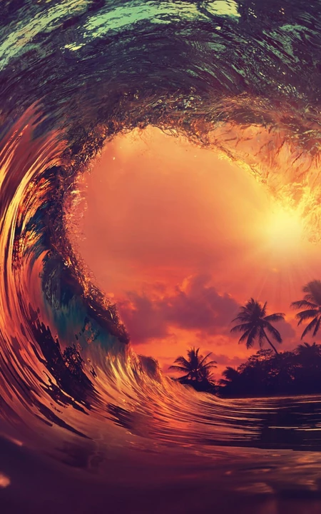 橙黄的夕阳映在卷起的巨浪的唯美场景手机壁纸