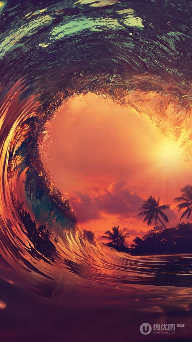 橙黄的夕阳映在卷起的巨浪的唯美场景手机壁纸