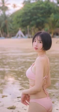 粉色泳装浪漫，身材略显匀称的漂亮可爱女生海边泳装温婉写真美照