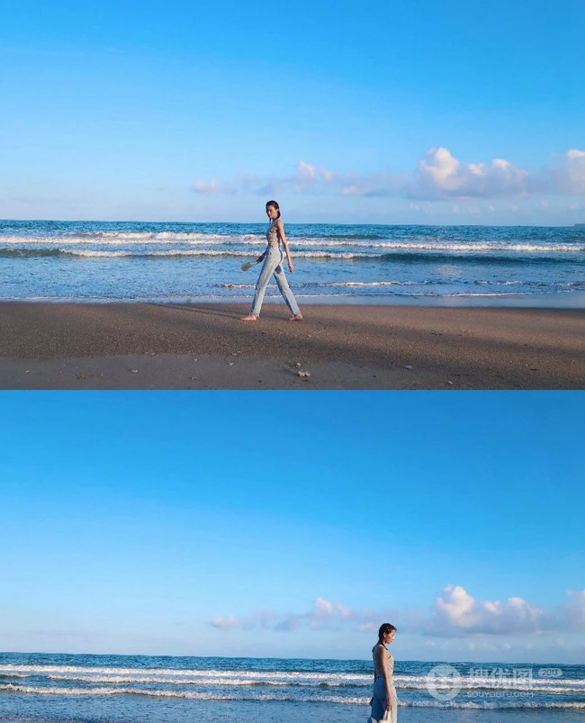 李斯羽针织小背心搭配牛仔长裤，大秀纤细线条海边写真美照