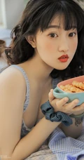 圆脸，匀称浅粉，卷发女孩，V领拉绳肩带牛仔裙居家沙发气质写真图片