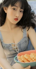 圆脸，匀称浅粉，卷发女孩，V领拉绳肩带牛仔裙居家沙发气质写真图片