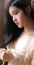 眼角有痣的大眼睛漂亮长发女孩镂空蕾丝裙清新室内写真图片
