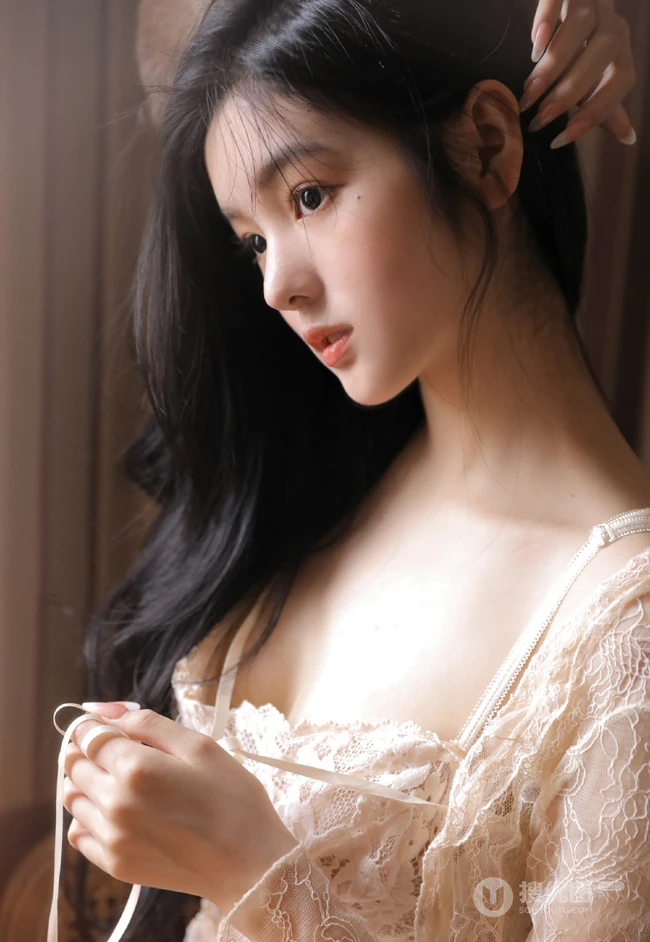 眼角有痣的大眼睛漂亮长发女孩镂空蕾丝裙清新室内写真图片