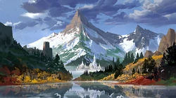 彩绘风格山水森林场景插画壁纸图片