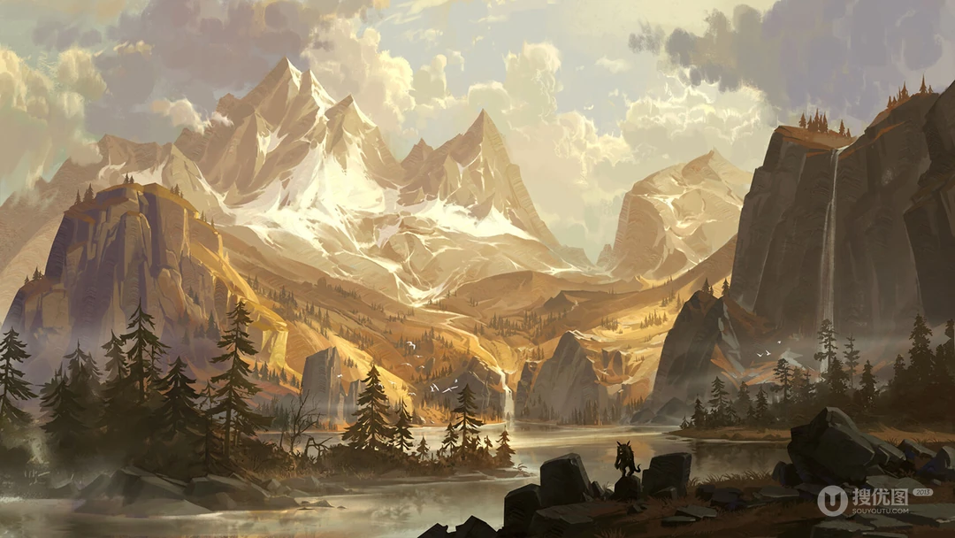 彩绘风格山水森林场景插画壁纸图片