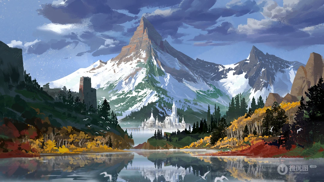 彩绘风格山水森林场景插画壁纸图片