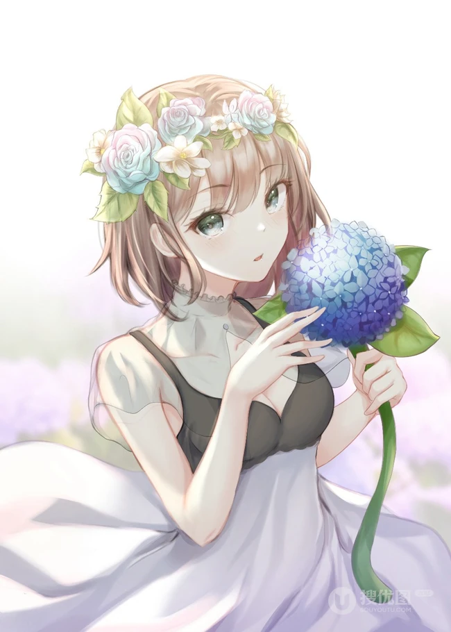 头戴花冠的二次元动漫少女超美插画图片