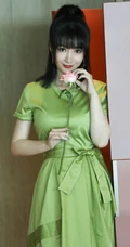 柳岩微博晒绿色长裙居家美照，手拿玫瑰妩媚动人