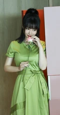 柳岩微博晒绿色长裙居家美照，手拿玫瑰妩媚动人