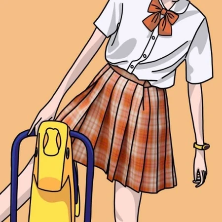 穿格纹短裙的可爱不露脸好看女生纯手绘插画头像图片