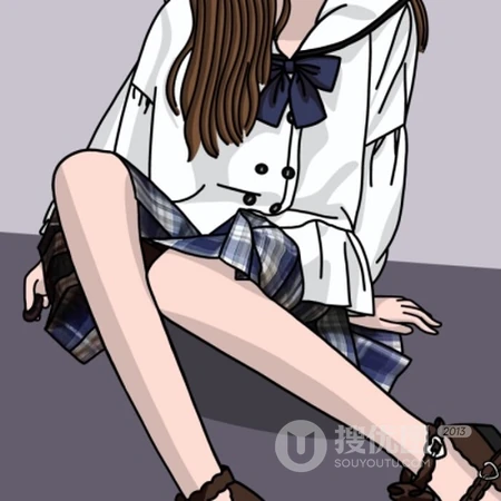 穿格纹短裙的可爱不露脸好看女生纯手绘插画头像图片