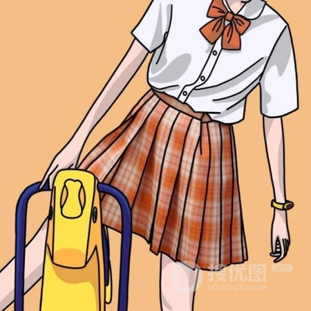 穿格纹短裙的可爱不露脸好看女生纯手绘插画头像图片