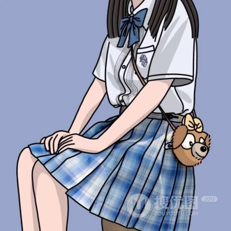 穿格纹短裙的可爱不露脸好看女生纯手绘插画头像图片
