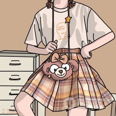 穿格纹短裙的可爱不露脸好看女生纯手绘插画头像图片