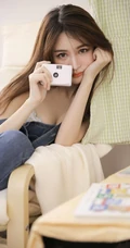 肤白貌美长发靓丽背带牛仔裤少女与零食为伴气质清新居家写真照