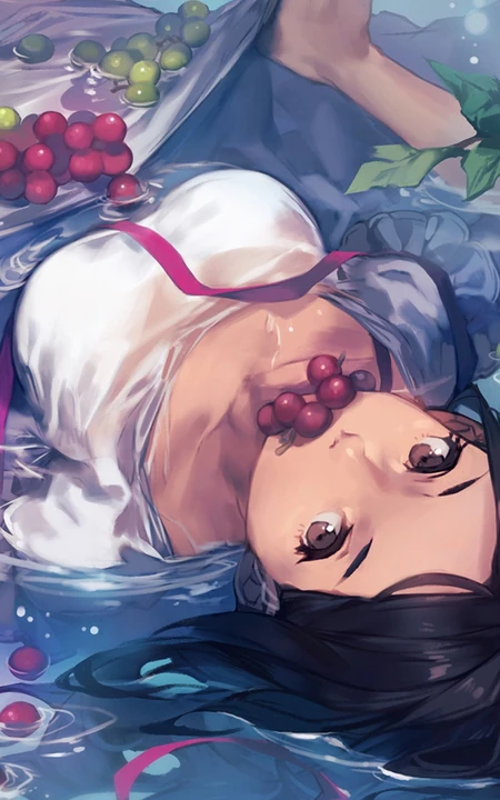 咬着葡萄躺在水里的二次元动漫女生插画手机壁纸