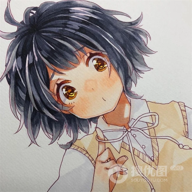 马克笔下可爱的动漫学生少女，纯马克笔手绘动漫少女人物图片作品