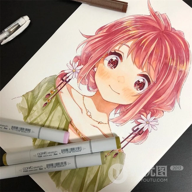 马克笔下可爱的动漫学生少女，纯马克笔手绘动漫少女人物图片作品